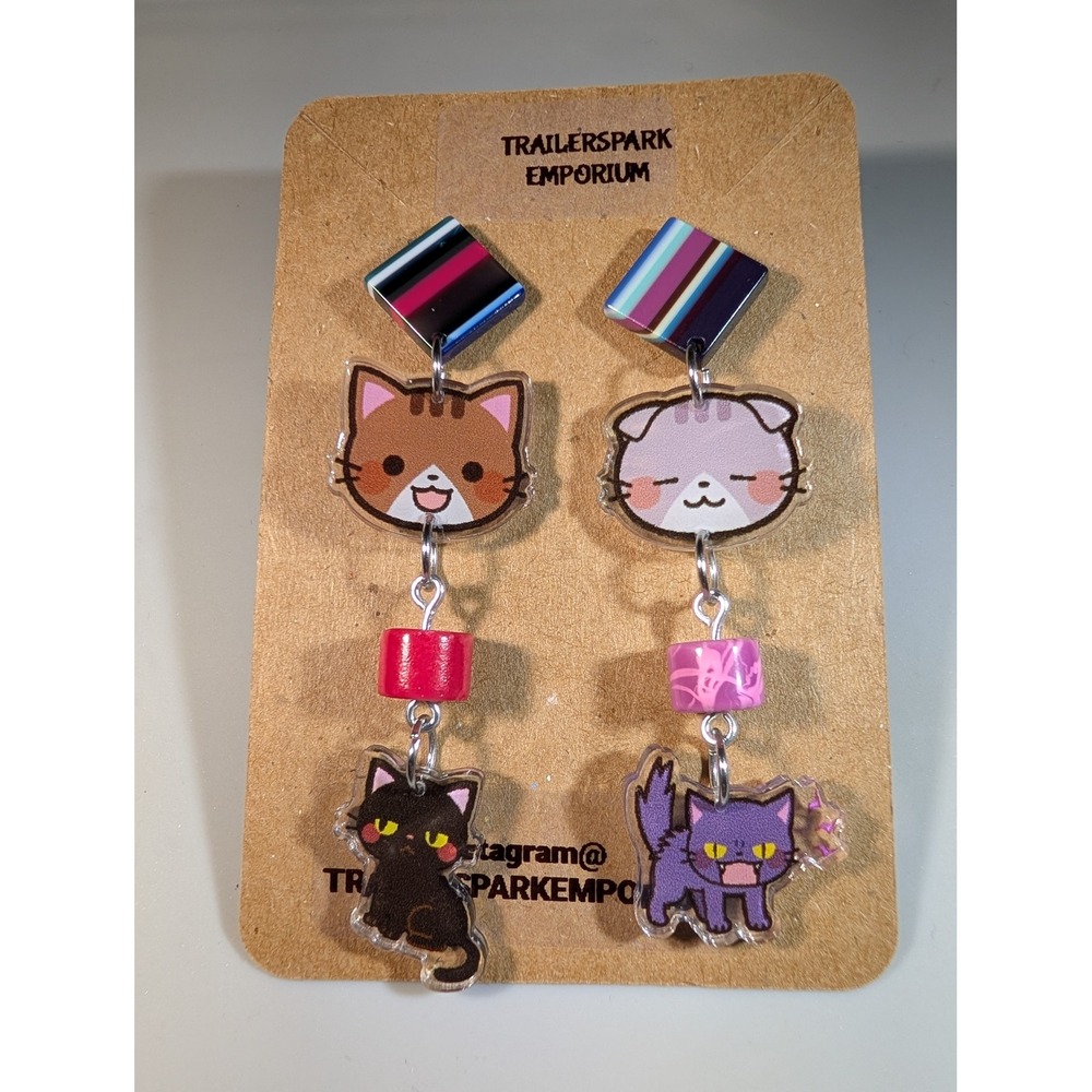 Trailerspark Emporium Kawaii Cat Acrylic Dangle Earrings Nickel Free Mismatched
